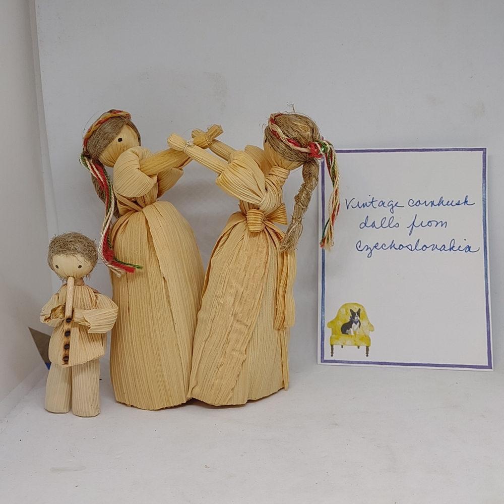 3 Czechoslovakia Corn Husk Dolls Braids, Hair Ribbon, Holding Hand playing Flute